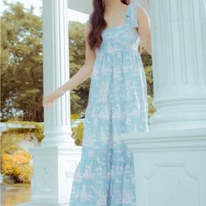 white contemporary dance dress Vintage Gunne Sax Cream + Blue Floral Long Sleeve Maxi Dress main image 1